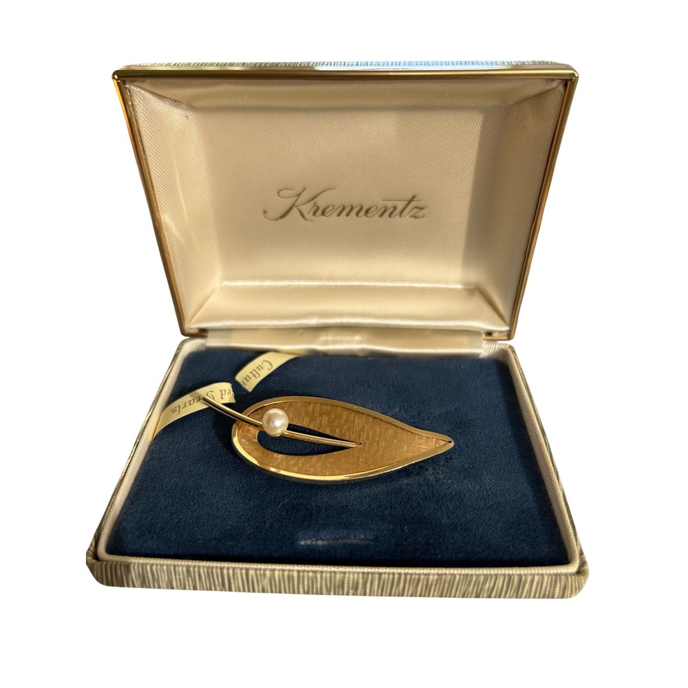 Vintage Krementz Gold Filled Brooch With Cultured Pearl In Original‎ Box